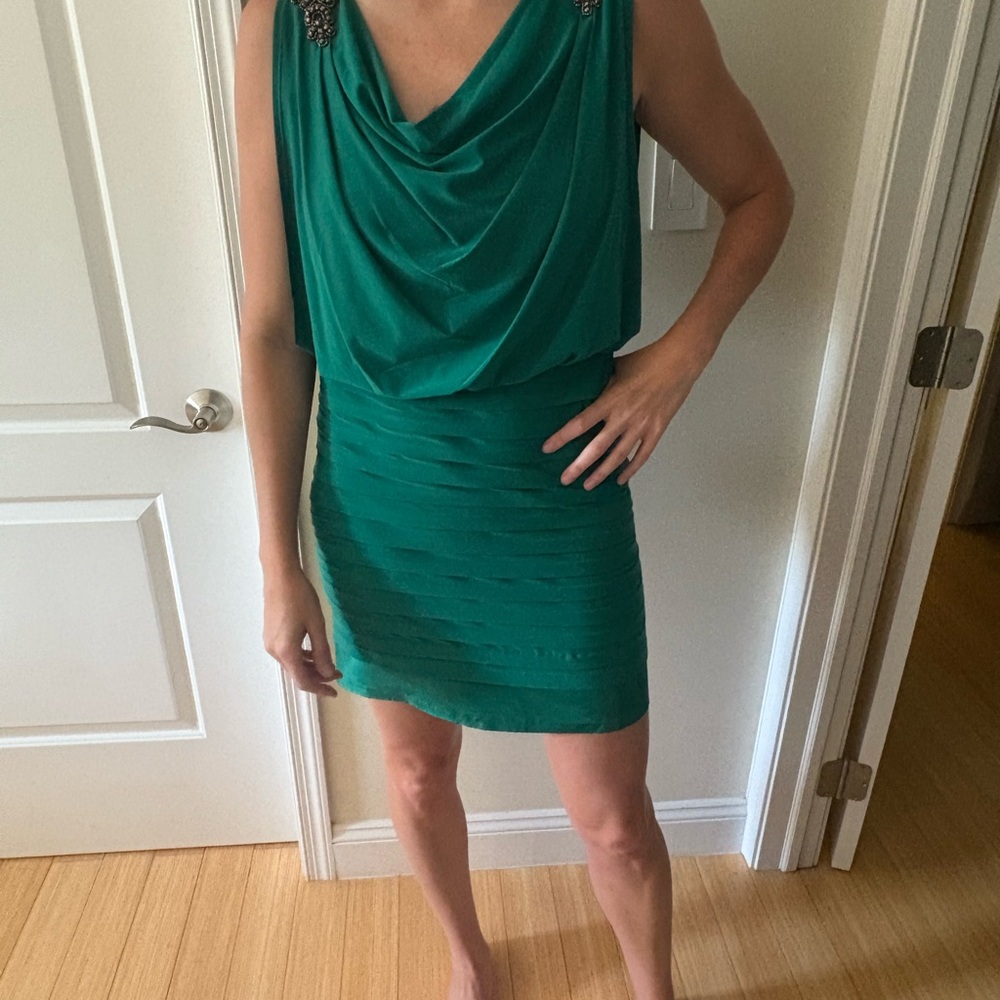 Cache Green Sheath Mini Dress with Cowl Neck